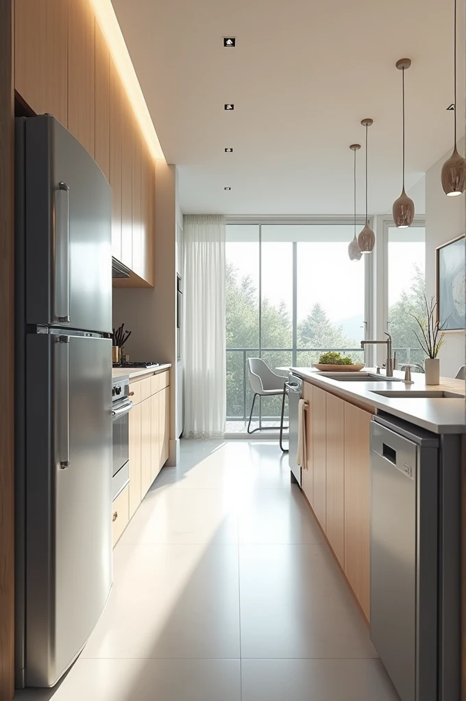 Linear kitchen with refrigerator on the left side next to the kitchen, the dishwasher in front of the kitchen on the right side, at the end of the right side the laundry room