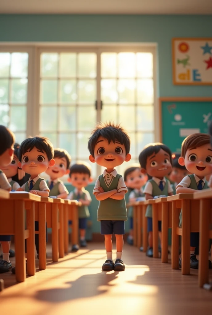 Modern classroom, with soft natural lighting coming through the windows, In the classroom there are children sitting and standing as if preparing for class., All are in uniform. Characters are rendered in 3D using Blender., and are designed in a Pixar style