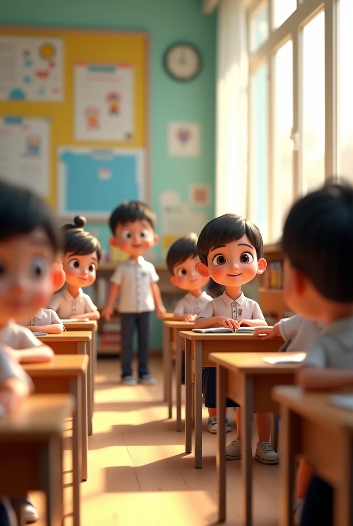 Modern classroom, with soft natural lighting coming through the windows, In the classroom there are children sitting and standing as if preparing for class., All are in uniform. Characters are rendered in 3D using Blender., and are designed in a Pixar style