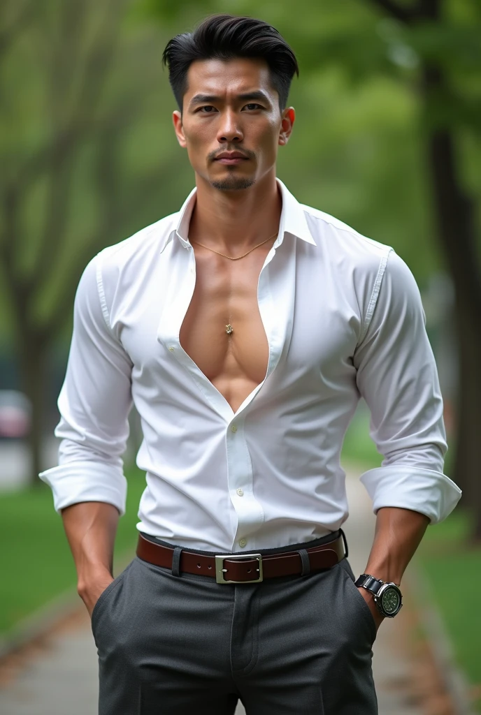 Asian man, 38years old, Handsome and elegant, Wearing a  uniform, sexy , Masculine and handsome，musculous，Muscles look good，hairy bodies, with fair skin, 黑The eye（thin eyes 1：3), Full body photo,(ultra-detailed, photorealistic, best quality, 4k, 8k, highres, masterpiece:1.3), a mature man, charming and distinguished , (muscular build body), wearing tailored shiny white dress shirt, with the top button casually undone, perfectly fitted charcoal trousers, sweat, unbutton buttons shirt, lewd face ,tight chest, sex,See-through shirt, erotic, horny, look straight, Accessories include a luxury wristwatch, understated cufflinks, and a simple yet elegant leather belt, in the park ‎,looking at viewer,muscle veins,