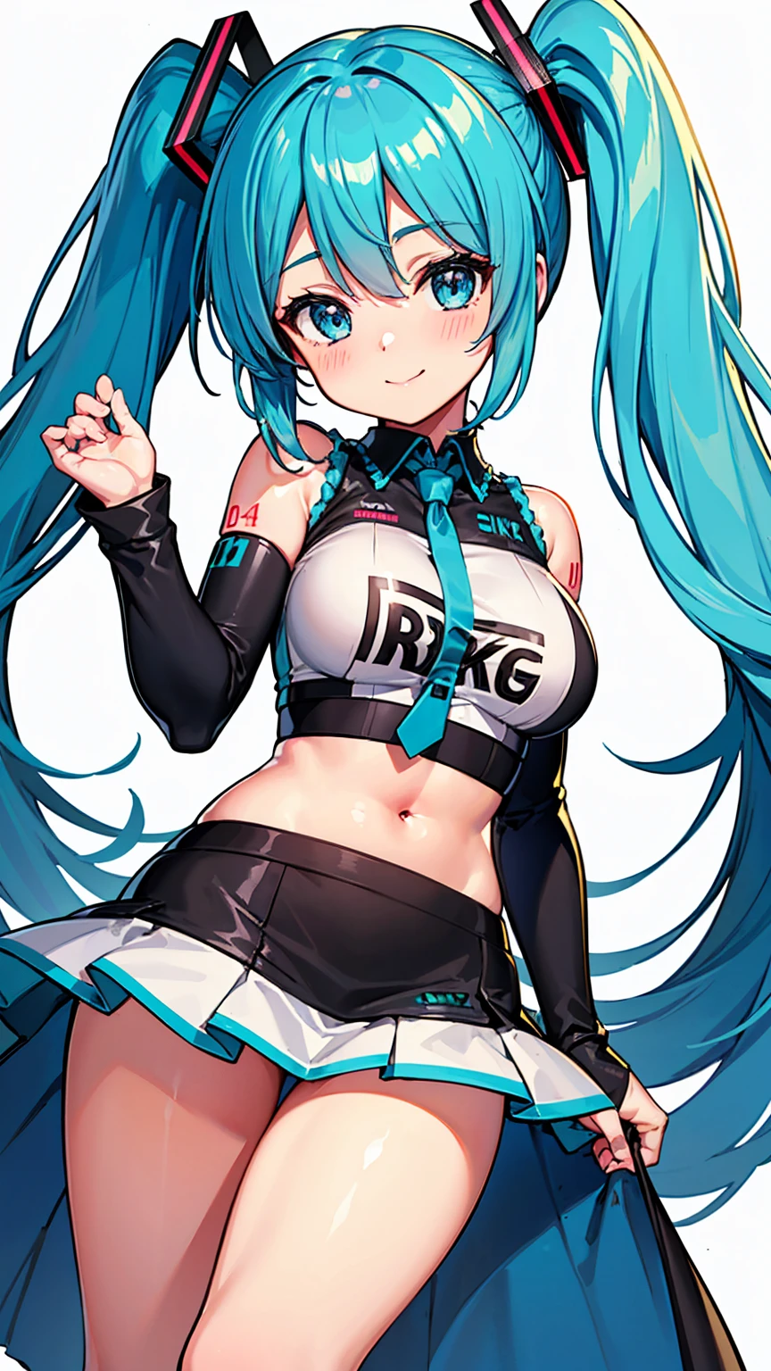 ((Tabletop, Highest quality, High resolution, Hmph, Pixel perfect, Depth of written boundary, 4K, )), One Girl, alone, , Beautiful Anime, Beautiful art style, close, View your viewers, Perfect body, Hatsune Miku・VOCALOID, Light blue hair, (Large Breasts), belly button, Blush all over face, smile, Thighs Thighs Thighs Thighs, ((Race Queen)), mini skirt, High leg, White Background, Take the lead, Raise the checkered flag, Cowboy Shot, concentrated,
