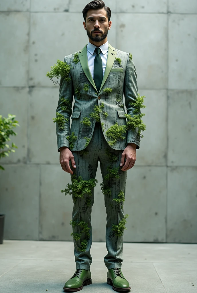 A gray and green men&#39;s suit with skyscraper and tree patterns. The uniform is made of a material that resembles concrete, but it is extremely flexible.