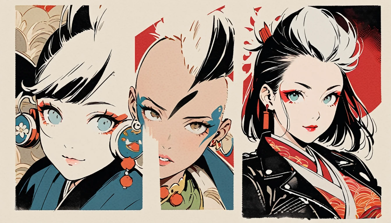 (((Ink Painting))), (((from above))), (((1 female))), (((Leather jacket with Japanese patterns))), (((Mohawk))), (((Very flashy makeup))), Japanese style headphones, devil, face close-up, front view, Japan人の美少女, Black Hair, Delicate and precise, Modern ukiyo-e style,Japan, Droopy eyes, round face, smile, Fuller lips, pink