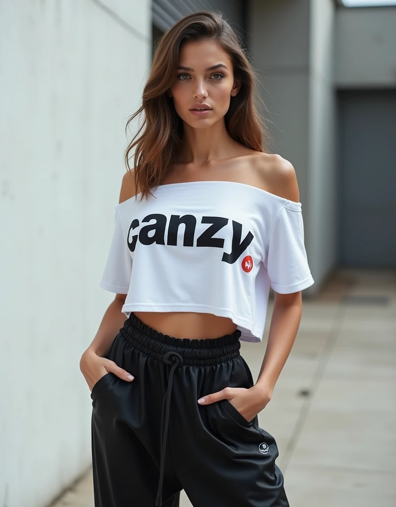 Create a photo of a female clothing model for a store, written 'CANZY' in the middle of the blouse , the blouse has to be streetwear style