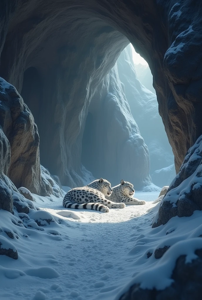 Generates a cozy cave where a snow leopard is resting , a bigger cave 

