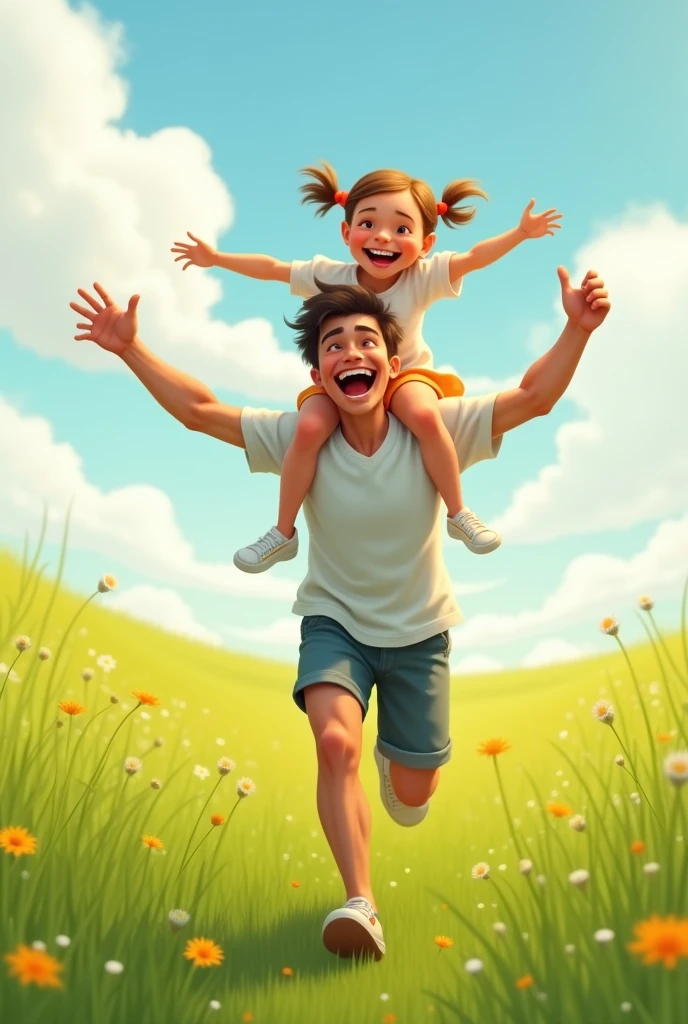 The wind caresses their faces as they run, laughing, feeling freedom in every step. The girl, with his contagious laughter, He waves his arms as if he could fly. The father carries her on his shoulders. An eternal moment in a meadow that seems infinite