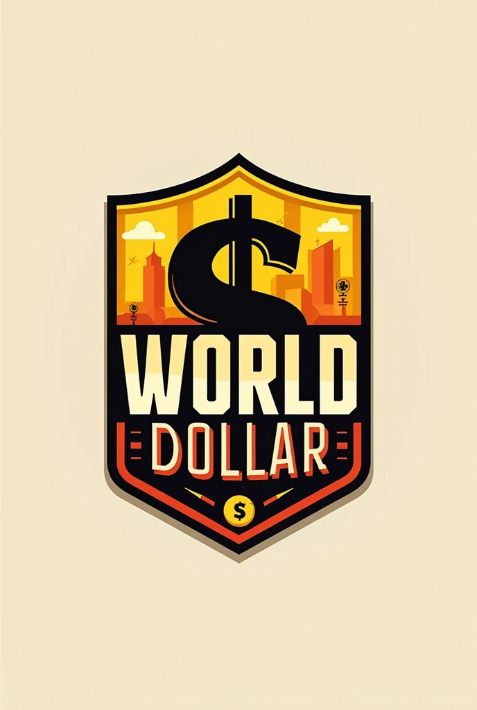 Create a logo with the words world dollar with yellow colors, red and black with the dollar symbol and the world in the middle