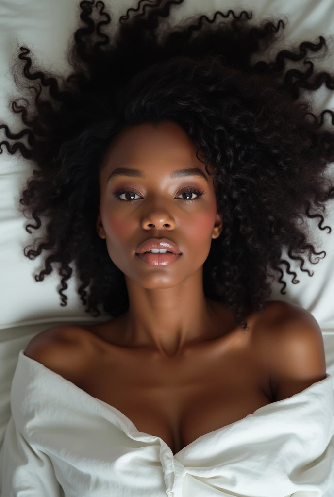 masterpiece, best quality, 1 girl, solo, beautiful African and sensual Asian mixed 19 year old, mouth slightly open, laying on white sheets, bed, ebony skin female, long, silky, curly long dark hair spilled on pillow, perfect face, long hair