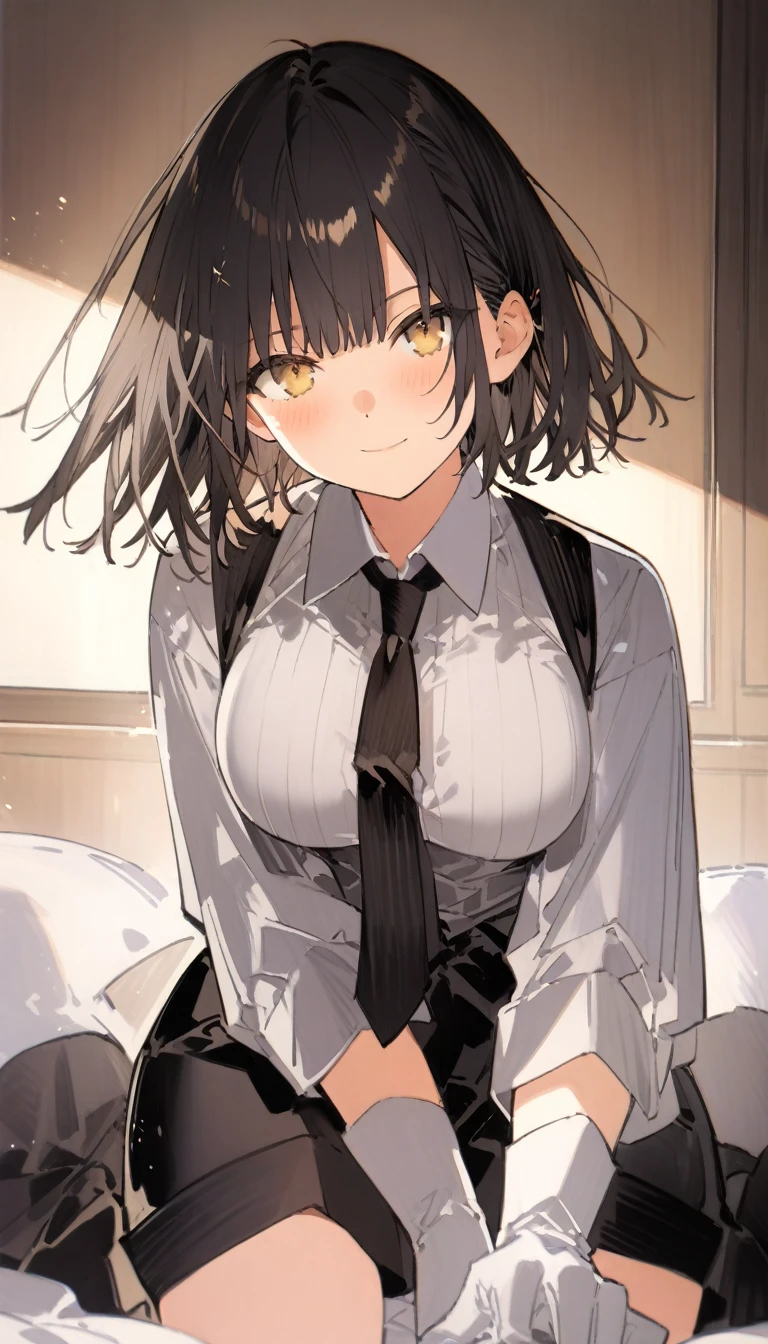score_9, score_8_up, score_7_up, source_anime, best quality, amazing quality, very aesthetic, 1girl, yellow eyes, room, wariza, short dark blue hair, Tousled Bob cut, portrait, blazer, starshadowmagician, solo, Adult woman, best perfect anatomy, thin, curvy body, medium breasts, close up shot on person, a woman showing happy, light smile, closed mouth, blush, from below, looking at viewer, (lying down, hand between her legs), mature woman laying prone on bed, white shirt, black tie, format black vest, Long-sleeved shirt, white format gloves, black trousers, dynamic angle. perfect dynamic composition, night days, volumetric lighting, dark hotel bedroom background,
