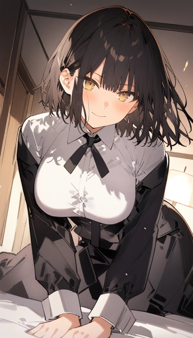 score_9, score_8_up, score_7_up, source_anime, best quality, amazing quality, very aesthetic, 1girl, yellow eyes, room, wariza, short dark blue hair, Tousled Bob cut, portrait, blazer, starshadowmagician, solo, Adult woman, best perfect anatomy, thin, curvy body, medium breasts, close up shot on person, a woman showing happy, light smile, closed mouth, blush, from below, looking at viewer, (lying down, hand between her legs), mature woman laying prone on bed, white shirt, black tie, format black vest, Long-sleeved shirt, white format gloves, black trousers, dynamic angle. perfect dynamic composition, night days, volumetric lighting, dark hotel bedroom background,