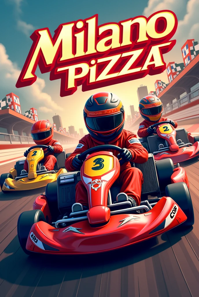 Logo et personnages racing avec kart puissant pour ma pizzeria " Milano Pizza "