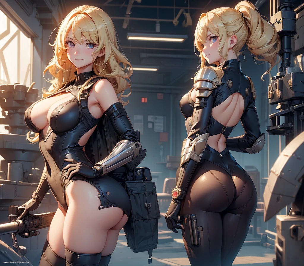 ((Top quality)), ((masterpiece)), (details),
High resolution, super detailed, very detailed CG Unity 8k wallpaper, real, photorealistic,
Beautiful fine face, detailed face.
Pale skin, realistic shining skin.
Detailed fabric texture, detailed hair texture.
(Eyes with attention to beautiful details: 1.5),
(Small hand), ((perfect hand)).
slim legs, detailed legs.
((Perfect Anatomy)).
Perfect lighting.
Break KanColle, Kantai Collection Arcade,
Kantai Collection Style,
colorado ,アニメ,
a couple of アニメ girl with guns and backpacks,
mechanized soldier girl,
Machine gun shooting ,Rail gun ,
girl with warship parts, girls frontline style,
Break
A girl,age:18,
(Blonde hair:1.3),
Short Hair, wavy hair,
((Half smile:1.6)),
(Slender: 1.1), (big chest: 1.5),
(Big butt: 1.7), (muscular: 1.3) ,
(Fluffy thighs: 1.1),
((Armor one piece),navy collar),
Black panties, black pantyhose ,
hold a gun and take aim,
Break
At on the sea, wave droplets,