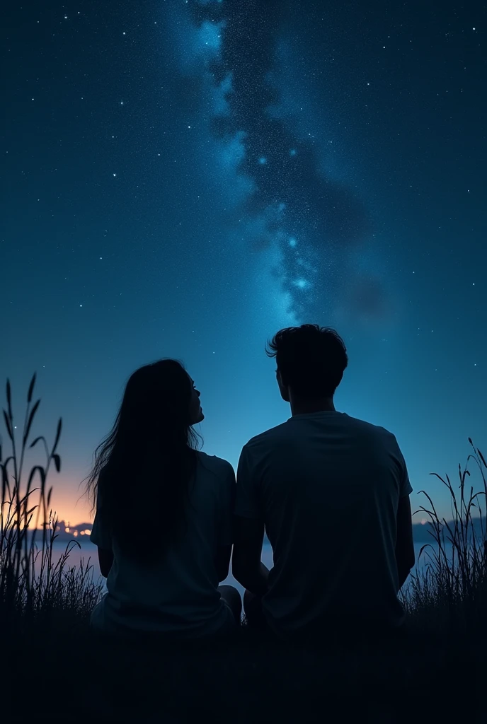 A side view shadow of a man and woman looking at the sky with full of stars sitting in the grass. With glimpse of light in town