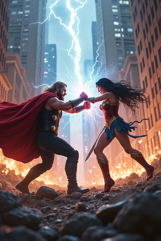 Chapter 3: The Battle of GodsPrompt: "A fierce battle scene set in the ruined New York City streets, illuminated by the clash of divine energy. Thor and Wonder Woman are in intense combat; Thor wields Mjölnir with lightning arcs, while Wonder Woman deflects with her God Killer sword. Explosions, sparks, and energy bursts fill the scene."and Thor punch the wonder women