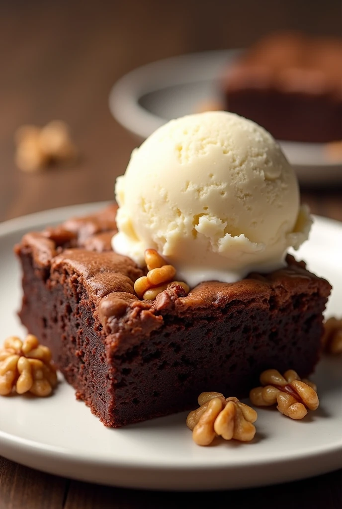 Chocolate brownie with walnuts, served with vanilla ice cream.