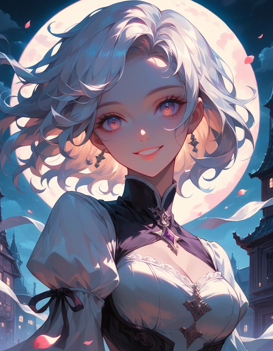 masterpiece, highest quality, (solo focus), (perfect face:1.1), (high detail:1.1),dramatic, 1girl, (pale skin), long white hair, white eyes, solo, long hair, moon, night, white luxury suit, open suit, open jacket, exposed bra, bare neck, vampire, fangs, smile, upper body, pouty lips, covered, victorian city, detailed background, gothic renaissance, cinematic lighting, detailed iris, sparkle eyes, star in eyes, enchanting red eyes, (multicolored eyes), (shining dust), (heterochromia), (messy hair:1.3), (hair between eyes), (hair over one eye), (wavy hair:1.1)