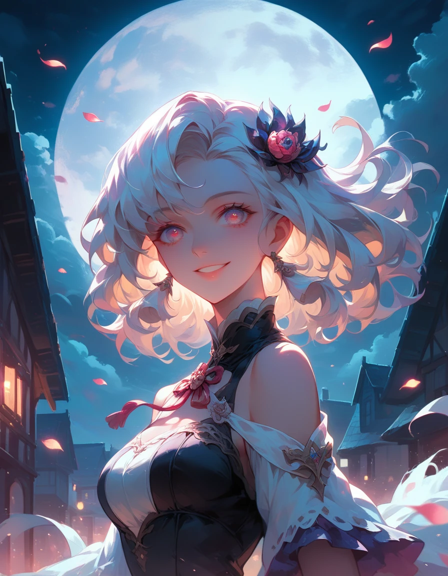 masterpiece, best quality, 1girl, (colorful),(finely detailed beautiful eyes and detailed face),cinematic lighting,bust shot,extremely detailed CG unity 8k wallpaper,white hair,solo,smile,intricate skirt,((flying petal)),(Flowery meadow) sky, cloudy_sky, building, moonlight, moon, night, (dark theme:1.3), light, fantasy,