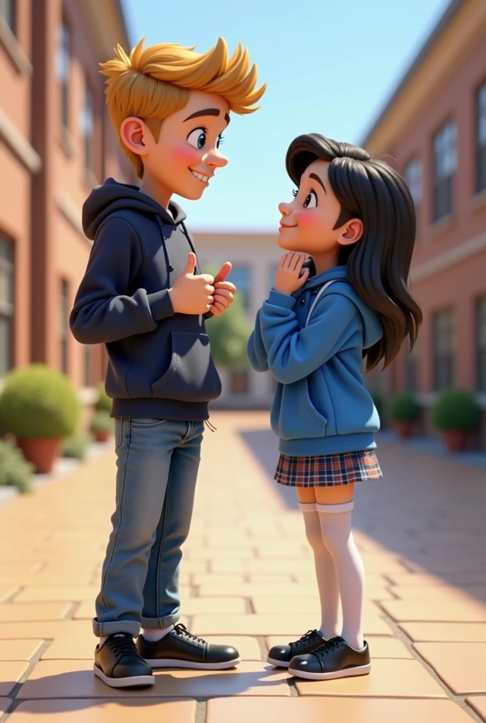 The pose shows two characters standing facing each other. The male character on the left, a blond, blue-eyed -yeld bois giving a thumbs-up gesture with his right hand, smiling confidently. The female character, a  on the right, has her left arm wrapped around the male character's arm while her right hand rests on her chin, with a thoughtful expression. Both characters are rendered in 3D using Blender, and are designed in a Pixar style. The male character is wearing a dark blue sweatshirt, blue jeans, and black shoes, and the female character is dressed in a blue sweatshirt, a plaid skirt, white tights, and black shoes. The background is a district school in Bogota, and the rendering is high definition, highly detailed, and high quality.