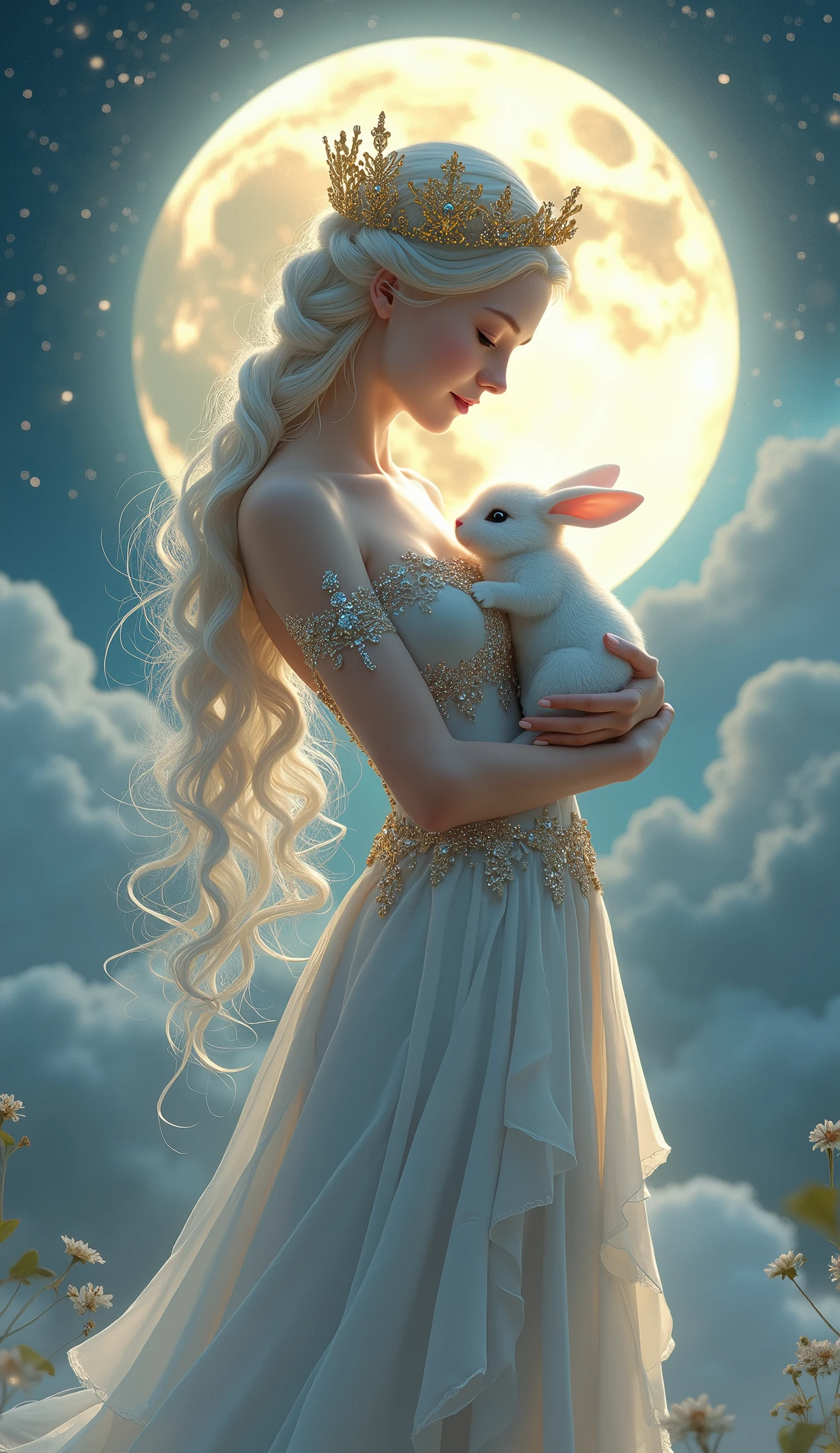 Hyperrealistic high detail full-body illustration, (moon fairy:1.3) with an intricately detailed gown, holding a soft white bunny, (captivating smile:1.3), adorned with delicate, flowing fabric that glimmers in the moonlight, (realistic texture:1.2), standing gracefully in front of a full moon, (detailed and ornate golden crown:1.2) with embedded jewels, gentle winds subtly lifting her dress, (sky elements:1.2) like beautiful stars and sky and clouds swirling around her, (warm and soft lighting:1.3), highlighting her ethereal beauty, (captivating blue eyes:1.3) looking at the bunny with love, (moonlight filtering through:1.3), creating a soft, glowing aura, (highly detailed), (ultra quality:1.3), (masterpiece), (digital art), 8K resolution, HDR, depth of field, (soft shadows), (photorealistic:1.3), (in the style of Kinuko Y. Craft), trending on ArtStation, award-winning art.