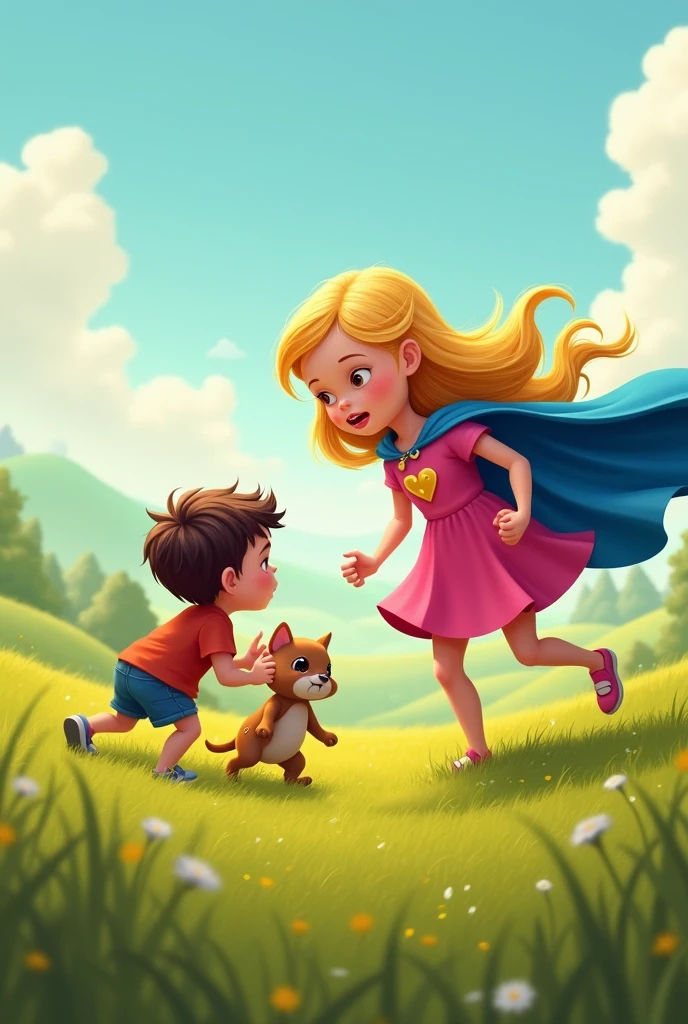 Create me an image of a story with children arguing over a toy in the field and a blonde superhero girl with a pink dress and a small golden heart on her chest enters, with blue cape.