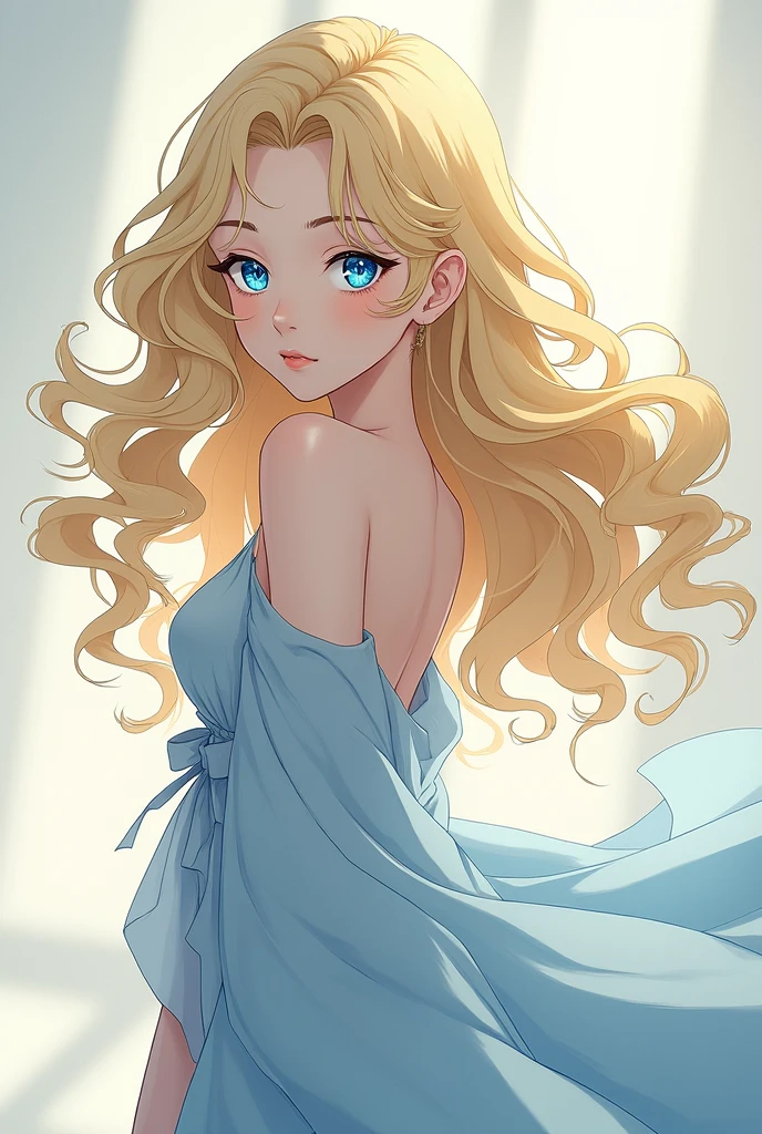 make me a woman with blonde hair, curly blue eyes posing anime style
