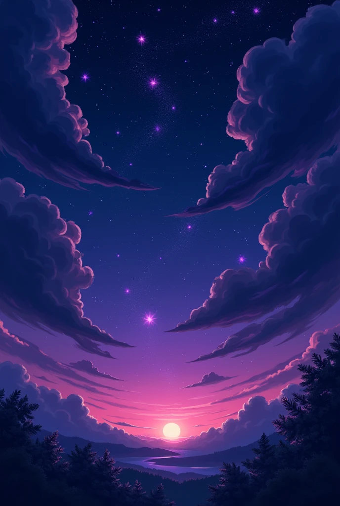 generate an anime style image of the sky in 2d anime style , starry with purple stars with a dark moon , gloomy weather , small size to put on youtube .