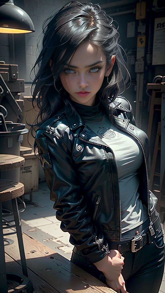 A confident woman with dark hair, arms crossed, wearing a black leather jacket over a dark shirt and green pants, assertive expression, in a casual industrial setting with tables and chairs in the background, (best quality,4k,8k,highres,masterpiece:1.2),ultra-detailed,(realistic,photorealistic,photo-realistic:1.37),beautiful detailed eyes,beautiful detailed lips,extremely detailed eyes and face,longeyelashes,intricate details,moody lighting,dramatic shadows,industrial chic,urban environment