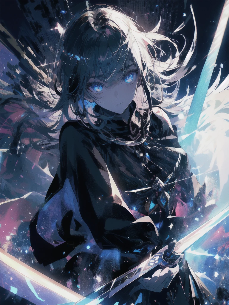 Holding a one-handed sword、Please take the black sword.、((masterpiece, highest quality, Super detailed, High resolution)), alone, beautiful girl, shining eyes, perfect eyes, 15 years old, black white gold theme,