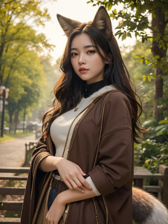 ((Highest quality, 32K)), ((masterpiece)), (Highest Resolution), Perfect Face, Fox Woman, Beautiful woman, Female college student, Outdoor, Has a tail, She has a fox's tail, She stands up her fluffy tail, Beautiful hip line, Thick thighs, Fur collar, A large tail sticks out, On all fours, She's wearing a fluffy fur bikini, She only has one tail, Plump Breasts, Smiling with teeth showing