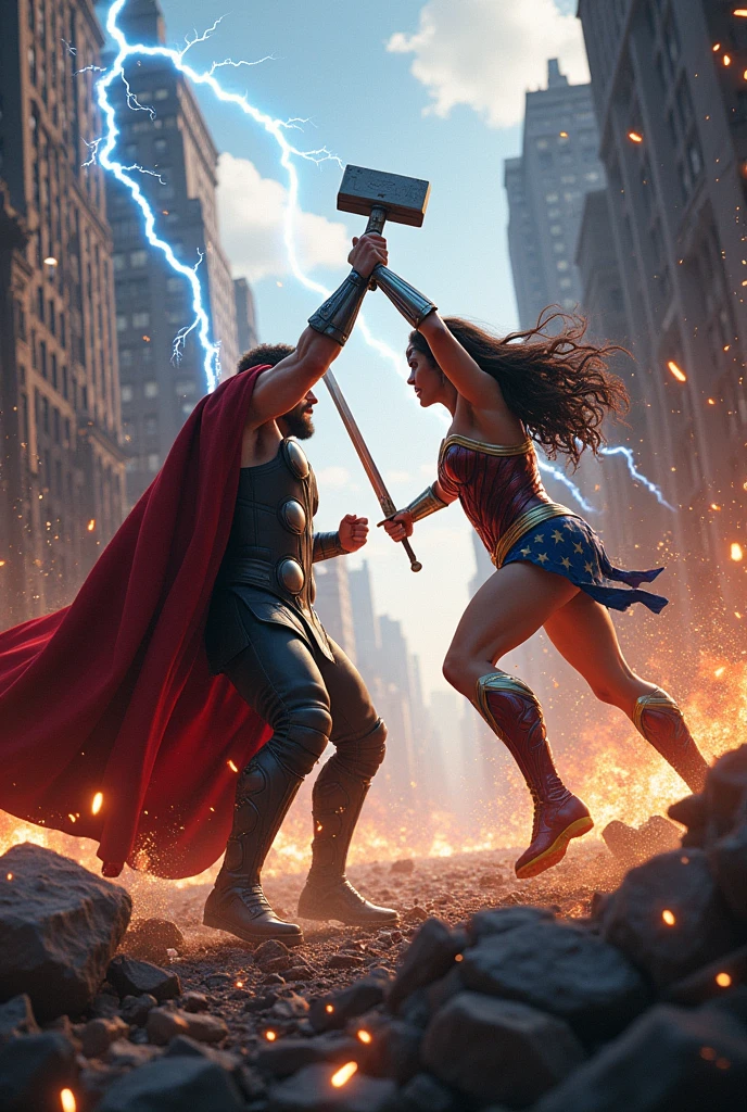 Chapter 3: The Battle of GodsPrompt: "A fierce battle scene set in the ruined New York City streets, illuminated by the clash of divine energy. Thor and Wonder Woman are in intense combat; Thor wields Mjölnir with lightning arcs, while Wonder Woman deflects with her God Killer sword. Explosions, sparks, and energy bursts fill the scene."and Thor punch the wonder women