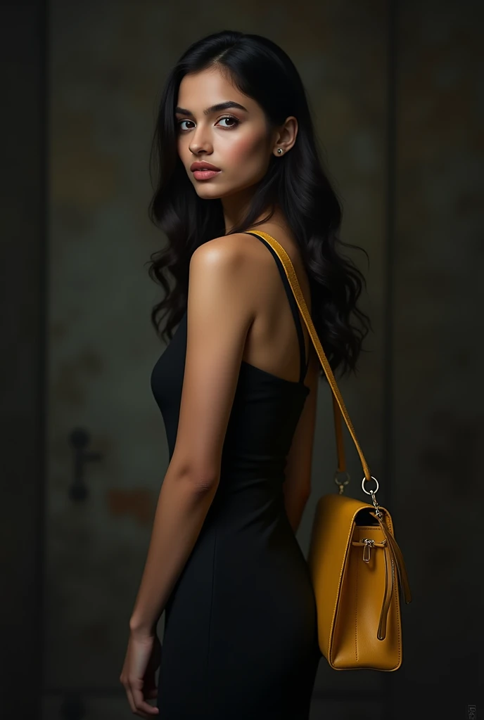 Girl with balck dress end dark yellow color
side bag , girl name is Ayushi , end her husband name is Dev.