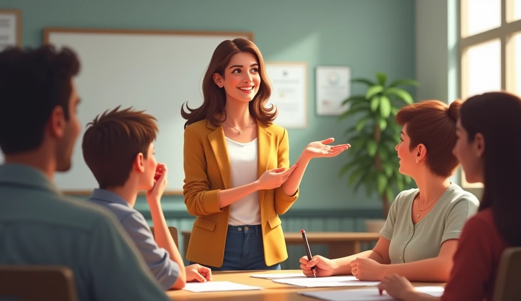 School parent-teacher meeting room, middle-aged female teacher smiling and addressing parents, acknowledging a girl's progress in independent thinking, proud mother sitting among parents, professional and supportive environment, positive outcome, realistic, neutral tones.