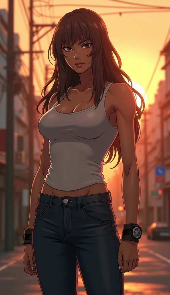 Create a live-action depiction of a female version of Yasutora “Chad” Sado. She has long, wavy brown hair and a strong, muscular build. Her outfit is a modern, tight-fitting tank top that highlights her very large chest and muscular arms. The tank top is paired with low-rise jeans that hug her hips. She has a large, feminine version of her Brazo Derecha de Gigante, with a determined and protective expression.
	•	Background: A realistic, urban setting in Karakura Town, with a sunset in the background casting long shadows.