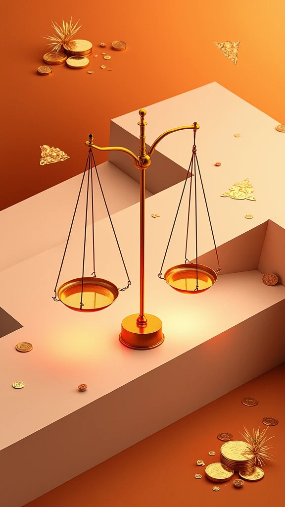 poster design，Road，The visual center is the scales representing law，Wealth Elements，Gold Tone，Illustration Design，Flat，abstract，Screen subject pull up