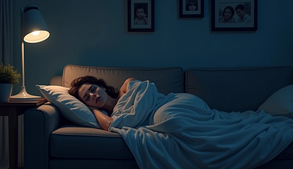 Night scene in a modern living room, a mother lying awake on a sofa, thoughtful and slightly troubled expression, dim lighting, soft blanket, family photos on the wall, introspective mood, realistic, cozy atmosphere, soft shadows.