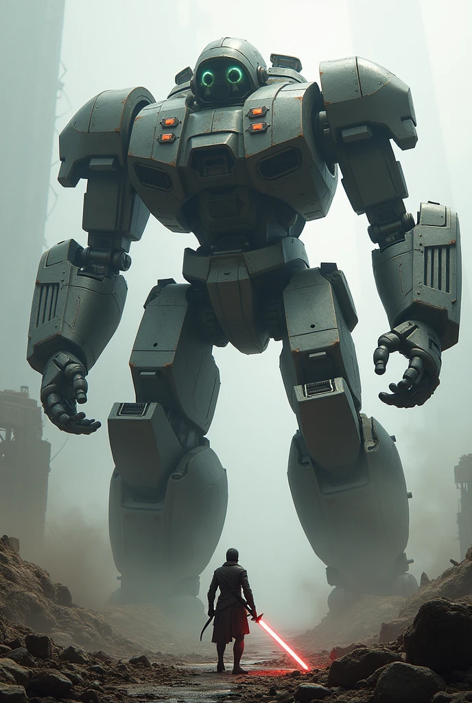 An incredibly large robot, ready to face a small human being who is holding a sword, with a background that shows everything destroyed