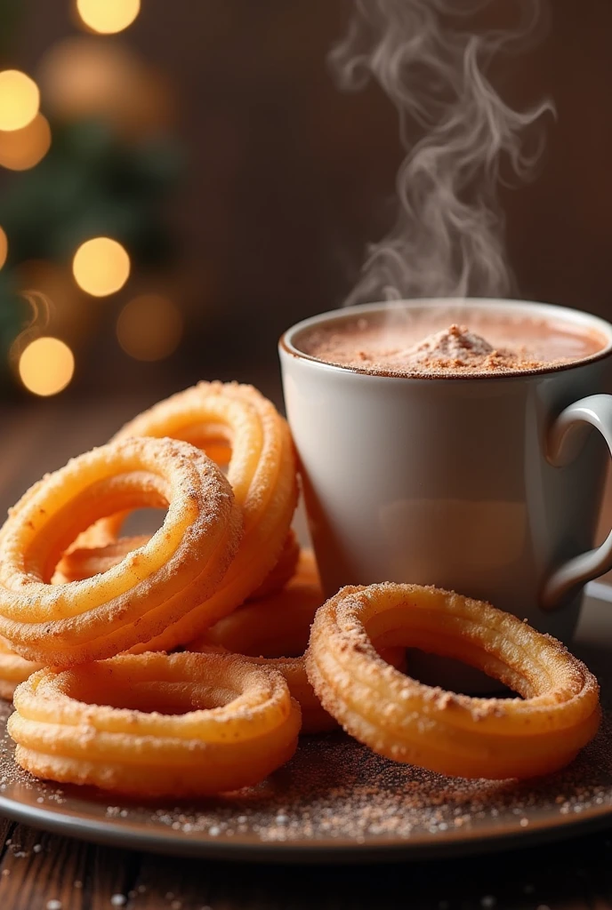 Fried churros with sugar and cinnamon, accompanied by hot chocolate.