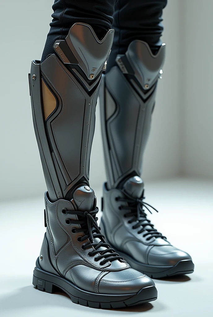 Boots armor like sneakers with metal, designed with sharp and symmetrical shapes, presentagion bacground, hyperealism