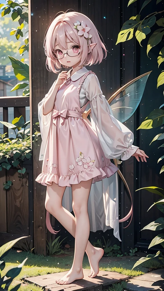 "Anime style young female character、Full body portrait。A tiny fairy, 15cm tall, with delicate, transparent wings on its back.。long-haired pink color、with large pink eyes。Wearing round glasses。White flower hair ornament。Wearing a pale pink dress、Puff sleeve design and above knee length。Slim figure。Standing barefoot。The background is lush nature、wood々surrounded by leaves。The character is a little shy and tilts his body.、Face-to-face pose。Overall a soft and gentle atmosphere。A fantastic atmosphere with dancing light particles。high quality digital art。"