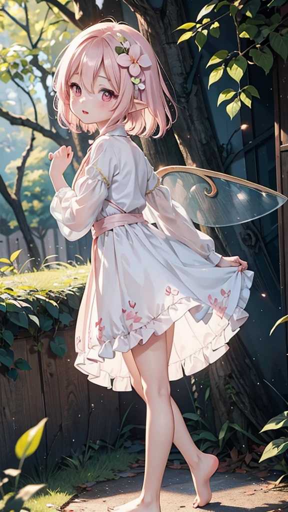 "Anime style young female character、Full body portrait。A tiny fairy, 15cm tall, with delicate, transparent wings on its back.。long-haired pink color、with large pink eyes。Wearing round glasses。White flower hair ornament。Wearing a pale pink dress、Puff sleeve design and above knee length。Slim figure。Standing barefoot。The background is lush nature、wood々surrounded by leaves。The character is a little shy and tilts his body.、Face-to-face pose。Overall a soft and gentle atmosphere。A fantastic atmosphere with dancing light particles。high quality digital art。"