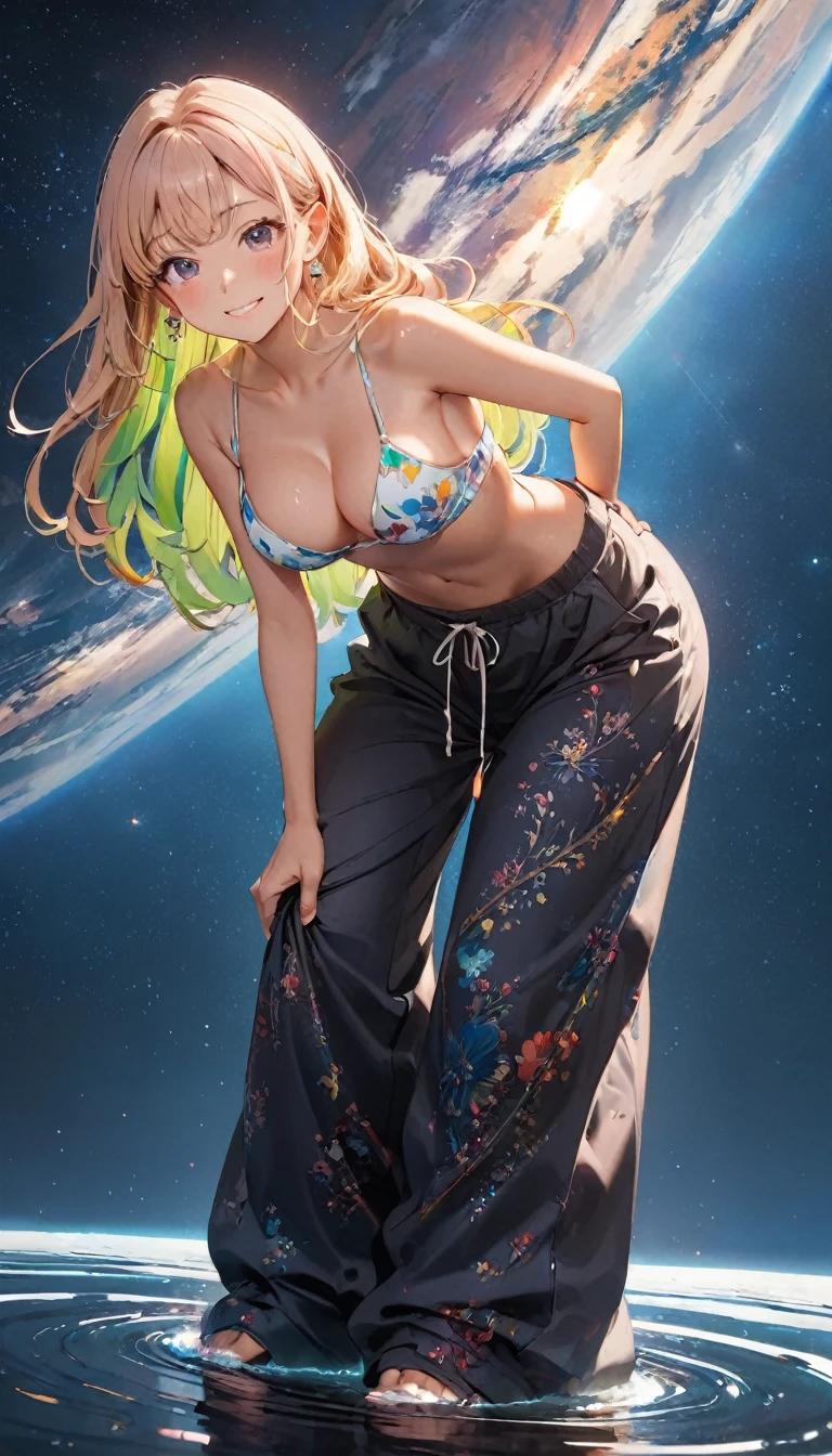 anime illustration, ((((highest quality)))), (((Ultra-precision CG 16K))), (((masterpiece))), BREAK skinny body, slender waist, medium Breasts, (((perky breasts))), ((sagging breasts)), (covered nipples),  (((tanned skin, tan lines))) , BREAK ( smiling, blush, determined expression, sweaty , Heavy breathing, embarrassed, ) , (natural make), BREAK narrow eyes, (streaked hair, hair intakes, colored inner hair, ) BREAK (((wearing printed sexy oversized clothing , wearing wide-leg-pants, breasts is covered by outfit, (detailed panty), Narrow aisles,))) , wearing earrings , BREAK ( stick breast out,  bending over, all four, )) BREAK  (( ripples , horizon , under the cosmic sky on the cosmic sea , cosmic effects)), (((looking at viewer, ))), BREAK ((cinematic , from front , from below , (Distant view, Panorama), looking at viewer, )) , pinup magazine pose,