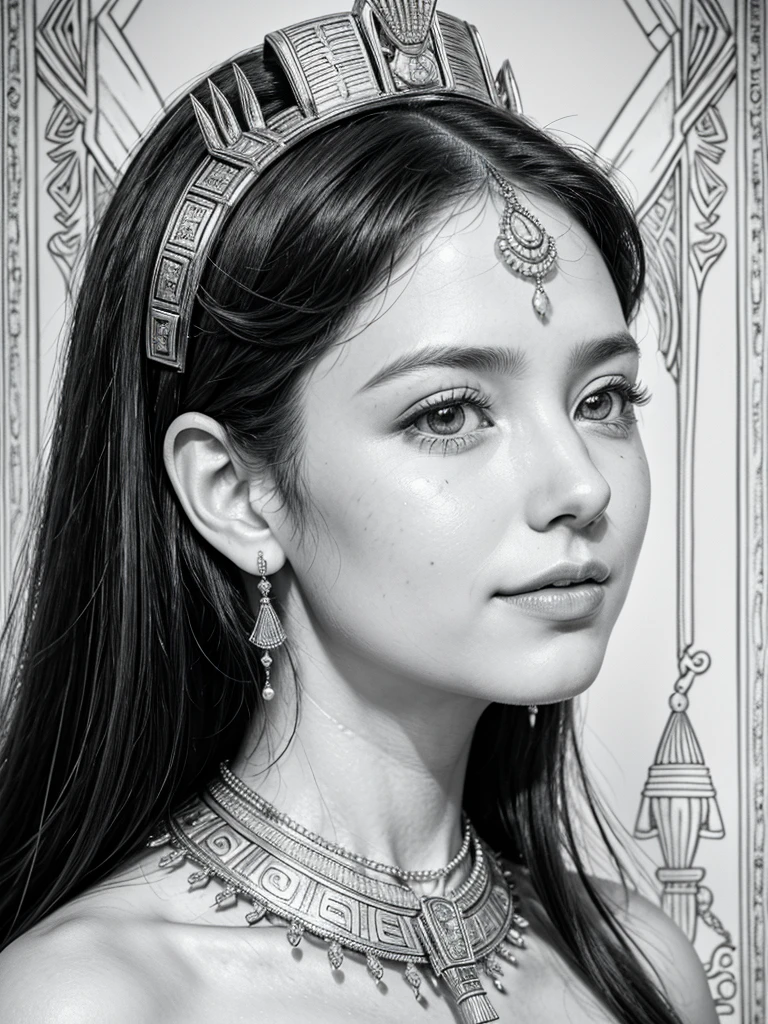 queen of ancient egypt, beautiful with a slight smile, old portrait, very high detail, Perfect Anatomia, face perfect, background of egypt with the nile river, Profile face. jewelly,aretes,necklase, fine line drawing,black andwhite, marked lines.