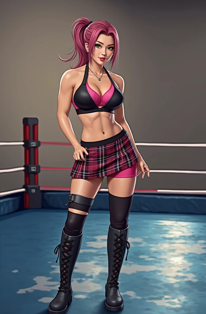 2 female wrestlers, wrestler 1 shoulder length pink hair, pink bra, pink tights, huge breasts. Wrestler 2, Asian, ponytail, black sports bra, plaid skirt. Engaged in combat in a wrestling ring with 3 ropes.