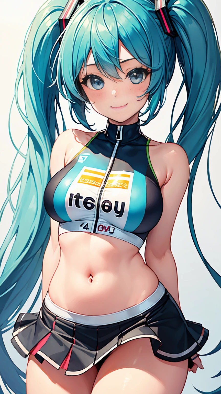 ((Tabletop, Highest quality, High resolution, Hmph, Pixel perfect, Depth of written boundary, 4K, )), One Girl, alone, , Beautiful Anime, Beautiful art style, close, View your viewers, Perfect body, Hatsune Miku・VOCALOID, Light blue hair, (Large Breasts), belly button, Blush all over face, smile, Thighs Thighs Thighs Thighs, ((Race Queen)), mini skirt, High leg, White Background, Take the lead, Raise the checkered flag, Cowboy Shot, concentrated,