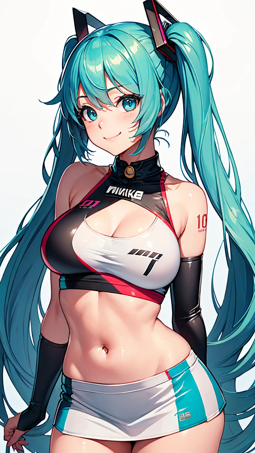((Tabletop, Highest quality, High resolution, Hmph, Pixel perfect, Depth of written boundary, 4K, )), One Girl, alone, , Beautiful Anime, Beautiful art style, close, View your viewers, Perfect body, Hatsune Miku・VOCALOID, Light blue hair, (Large Breasts), belly button, Blush all over face, smile, Thighs Thighs Thighs Thighs, ((Race Queen)), mini skirt, High leg, White Background, Take the lead, Raise the checkered flag, Cowboy Shot, concentrated,