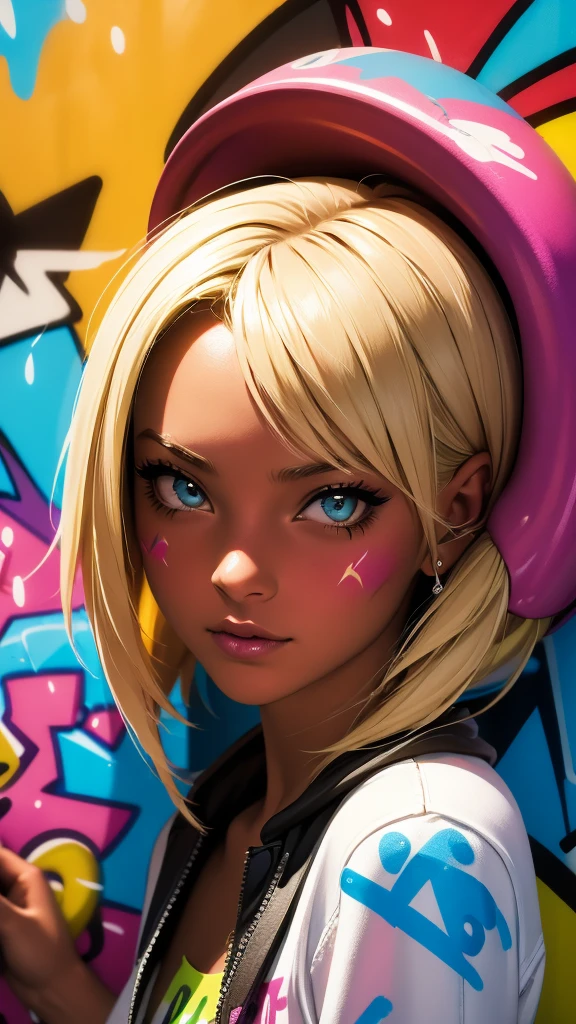 (best quality), (high detail), (vivid colors), (graffiti style), (freestyle), (Close up), (1blonde girl), young sexy female graffiti artist, spraying graffiti on a wall painted with street art, HDR, 8K, 3D, graffiti art style.