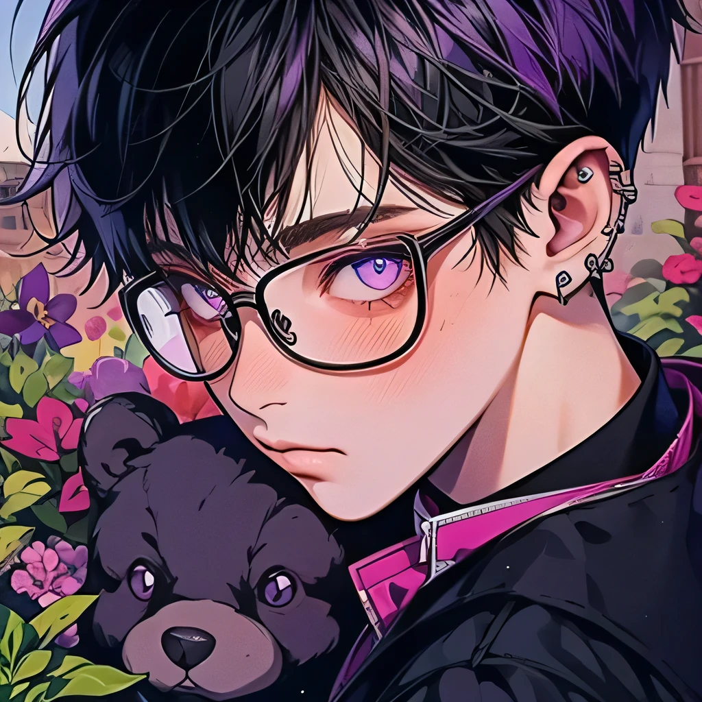 1boy, dark hair, purple eyes, bright eyes, wearing glasses, have piercing on ears, mole under right eye, blush, background: garden, day, school.