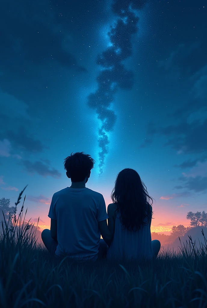 Make me a book cover of a left view shadow of a man and woman looking at the sky with full of stars sitting in the grass. With glimpse of light in town