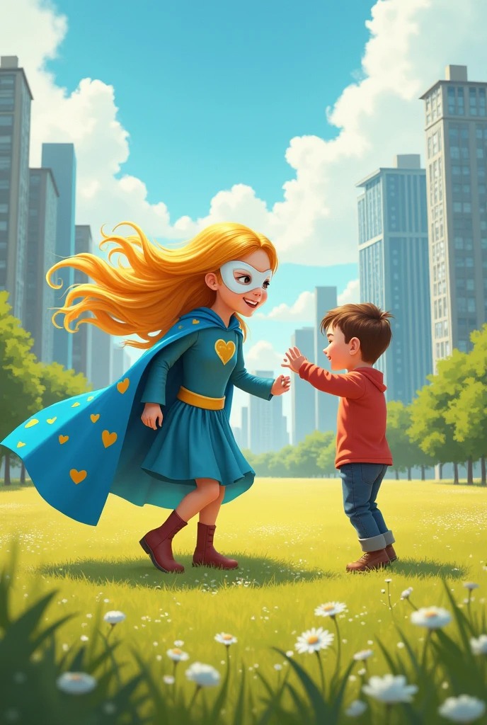 Create a picture of a story for 3 year olds, where a golden-haired superhero girl is seen in an urban field, blue cape with golden hearts and white heart mask,  Talking to some children who are fighting over a toy