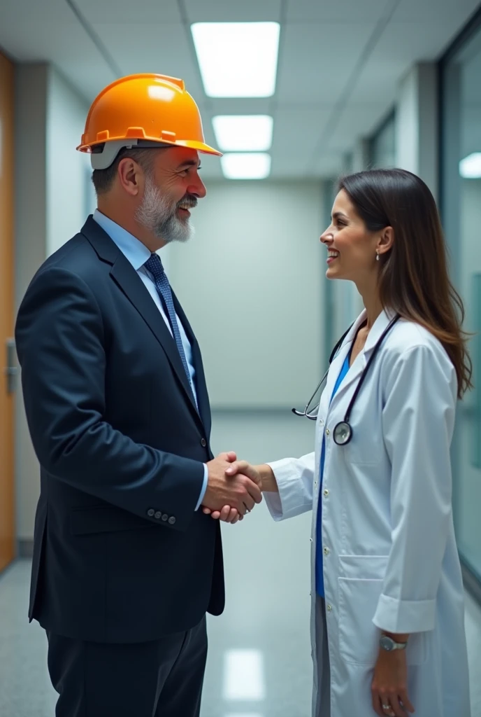 A civil engineer and a doctor together , shaking hands